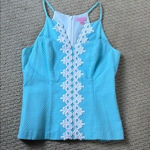 Blue Sleeveless Top with White Embroidery